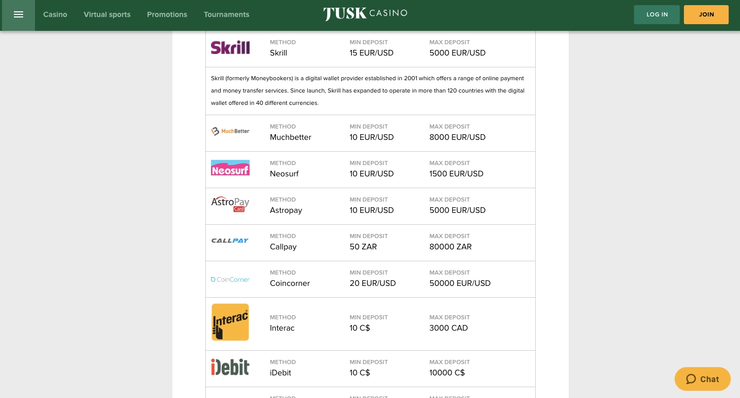 Tusk casino Deposit Options